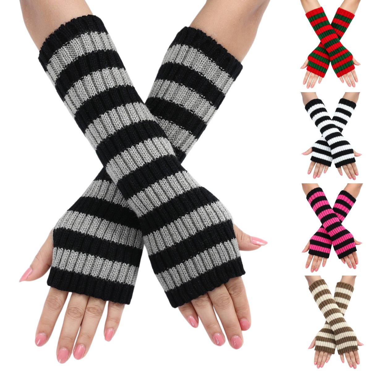 Fingerless Glove Knit - Y2Kストライプ柄フィンガーレスアームウォーマー、女性用デイリーウェア、ゴシックロリータグローブ、ニットスリーブ、ストレッチ素材、秋冬JKコスプレ用アームカバー